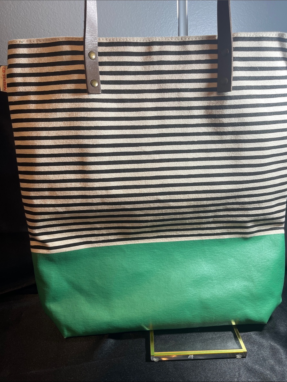 Striped Canvas Tote with Green Base and Leather Straps